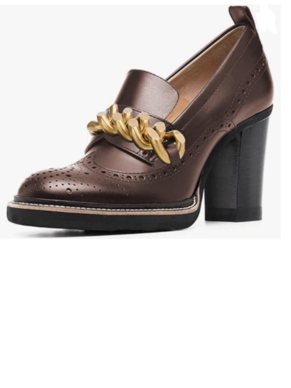 YDN Brown Chunky High Heels Round Toe Oxford Chain Loafer Shoes Slip On Pumps